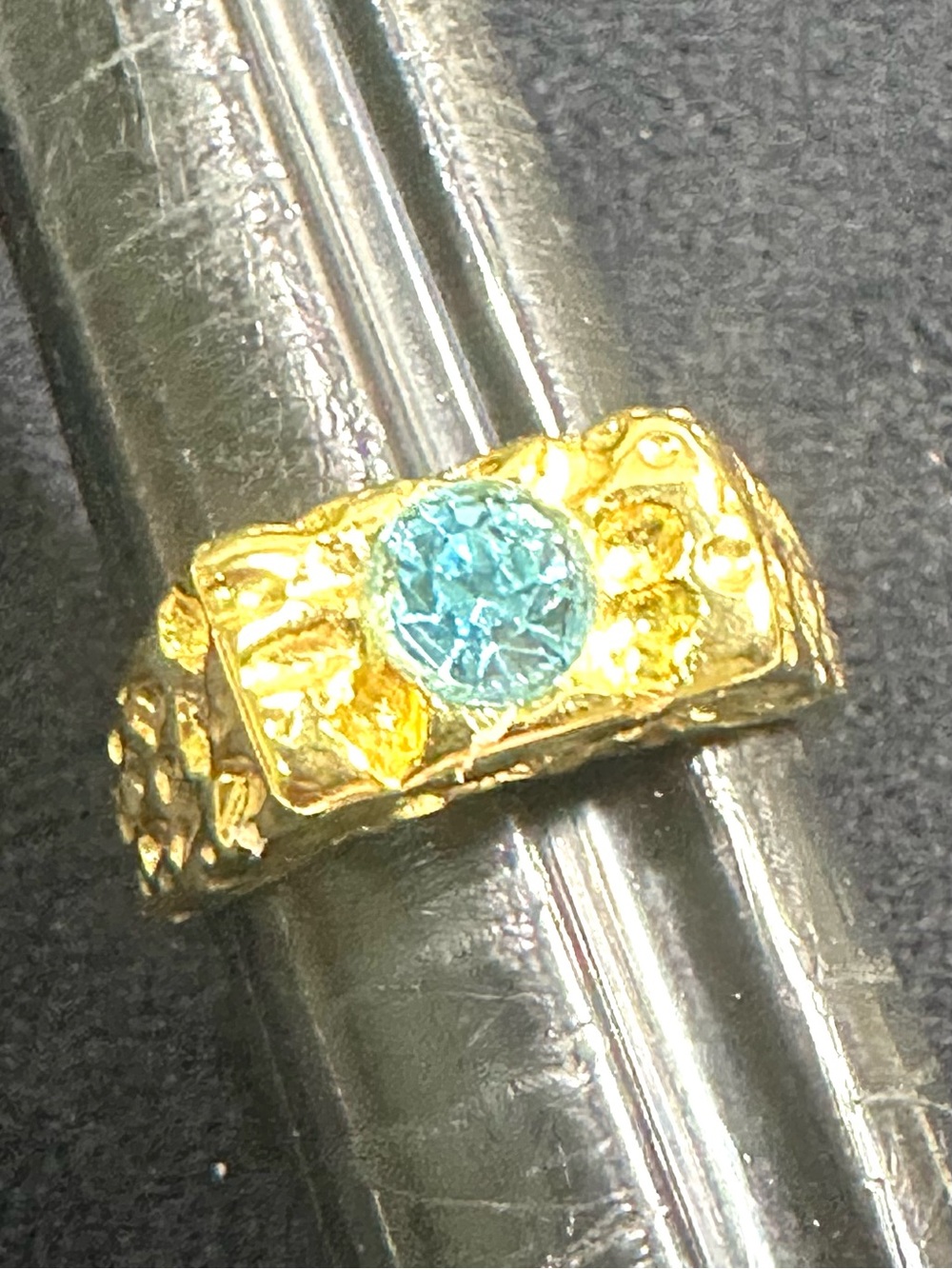 NOS/ Vtg: Square Nugget Aqua Rhinestone Ring